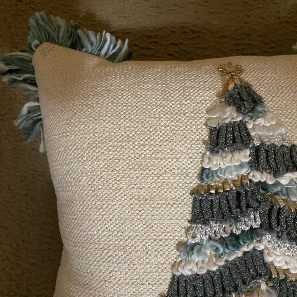 3D Yarn Knit Woven Tassel Christmas Tree Sage Green Decorative Pillow 18”x18”